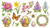 Pink peony, daffodil, cherry blossom, lilac, and hyacinth flowers with butterfly, bee, and bird isolated on white background for design projects.