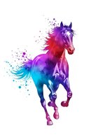 Vibrant watercolor horse galloping with colorful paint splashes and particles on white background. Digital art for creative projects and designs.