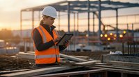 Construction worker in safety vest using tablet at building site during golden hour sunset with steel framework background for project management.