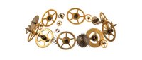 Steampunk brass gears and cogs arranged in circular pattern on white background. Vintage mechanical clockwork elements isolated for crafting projects.
