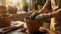 Woman gardener planting green seedling in terracotta pot on wooden table with gardening tools and wicker basket in sunny home interior.