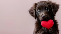 Adorable chocolate brown puppy with bright blue eyes holding red heart shape toy against blush pink background, perfect for Valentine's Day or pet love concepts.