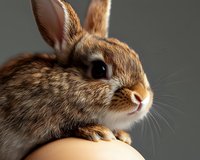 Close-up portrait of brown bunny rabbit with soft fur and expressive eyes sitting on person's arm against dark background, showing gentle and friendly nature.