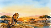 Majestic lion resting on savanna landscape at sunset with acacia trees, elephants and giraffes grazing in golden African wilderness scenery.