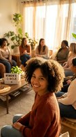 Young African American woman smiling at camera during women's circle support group meeting in bright living room with diverse participants and plants.