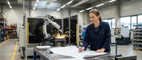 Female engineer in dark blue work uniform reviewing technical blueprints at industrial workstation with robotic arm machinery in manufacturing facility workshop environment.