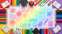 Creative workspace with colorful pencils, notebooks and art supplies arranged around rainbow gradient background with educational icons overlay.