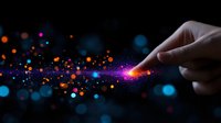 Magical glowing light trail created by finger touch against dark background with colorful bokeh particles and sparkles spreading in motion.