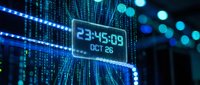 Digital countdown timer displaying 23:45:09 OCT 26 surrounded by flowing blue data streams and glowing particles in futuristic cyber environment.