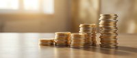 Growing stacks of golden coins on wooden surface with warm sunlight streaming through window creating financial growth and investment concept.
