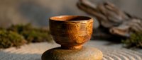 Wooden tea bowl resting on stone in zen garden with moss and driftwood, suitable for wellness and meditation content.