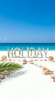 Holiday word made of driftwood letters on white sand beach with seashells, palm leaf, and turquoise ocean, summer vacation concept.