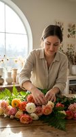 Woman florist arranging fresh roses and ferns on wooden table near arched window with natural light for floral design, wedding, or small business content.