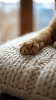 Close-up of a ginger cat paw resting on a cozy knitted blanket, soft bokeh background, warm tones capturing a peaceful home moment.