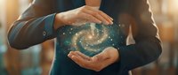 Professional businessman holding glowing spiral galaxy between hands showcasing cosmic energy and universal connection in modern office environment.