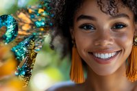 Young African American woman with natural curly hair and orange tassel earrings smiling brightly against blurred turquoise and gold bokeh background, radiating joy and confidence.