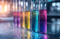 Colorful glowing test tubes with sparkling liquid in laboratory setting, vibrant neon yellow, pink, and blue solutions creating magical scientific atmosphere.