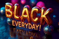 Gold foil balloon letters spelling BLACK EVERYDAY on dark background with pink and blue bokeh lights creating festive atmosphere for social media campaign.