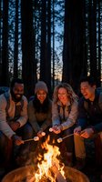 Diverse group of friends roasting marshmallows around campfire in forest at dusk, enjoying outdoor adventure and bonding time together in nature.