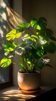 Monstera deliciosa plant in ceramic pot by window with dramatic natural sunlight casting shadows through leaves, moody atmospheric home garden setting.