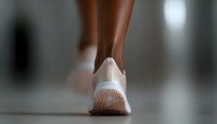 Close-up view of African American woman wearing light beige athletic sneaker while walking, focusing on heel and sole detail against blurred background.