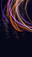 Abstract flowing light trails in purple orange and gold with sparkling particles on dark background for digital art and modern design projects.