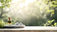 Spa wellness setting with essential oil bottle and white stones on marble plate against blurred green natural background, soft morning light.
