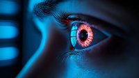 Close-up macro shot of human eye with bright pink iris and dilated pupil illuminated by dramatic neon blue lighting, creating futuristic cyberpunk atmosphere.