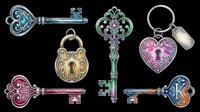 Ornate decorative keys and locks isolated on transparent background. Vintage-style metal key designs with gemstone accents, perfect for t-shirt designs, clipart, stickers, sublimation, and print-on-demand products.