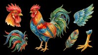 Rooster and chicken isolated design elements on transparent background, ready for t-shirt printing, clipart, stickers, sublimation and print-on-demand projects.