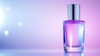 Glass perfume bottle with pink and purple gradient background, glowing ethereal bokeh lights creating luxurious atmosphere for cosmetic and fragrance marketing.