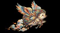 Colorful flying hedgehog with ornate wings and swirling clouds, isolated on transparent background, ready for t-shirt design, stickers, clipart, and print on demand.