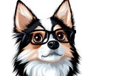 Adorable long-haired Chihuahua wearing black-rimmed glasses with expressive brown eyes and fluffy tri-color coat isolated on white background for design projects.