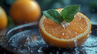 Fresh orange half with water drops and mint leaves on dark background, dramatic lighting creates appetizing mood for juice or beverage advertising.