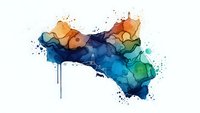 Abstract watercolor splash in vibrant blue, orange and green hues with paint drips and splatters on white background for creative design projects.