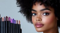 Young African American woman with natural curly afro hair and professional makeup posing next to colorful lipstick collection on gray background for beauty and cosmetics marketing.