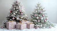 Frosted Christmas trees decorated in pink and silver ornaments with wrapped presents in soft pink paper and gold ribbons on snowy white floor against neutral wall.