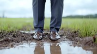 Man wearing business pants and leather shoes standing in muddy puddle with reflection on rural dirt road surrounded by green grass field on cloudy day.