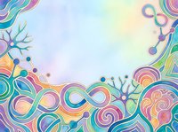 Colorful abstract swirls and organic shapes with infinity symbols create a vibrant, flowing border design on soft pastel background, suitable for creative projects and decorative applications.