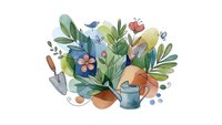 Watercolor gardening composition with plants, flowers, watering can and tools on white background for spring design projects.