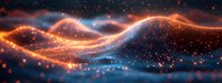 Abstract glowing waves with luminous particles flowing in dark space, creating dynamic energy pattern for technology or science backgrounds.