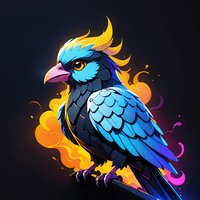 Mystical blue raven with flaming yellow crest and magical aura, perched against dark background, featuring vibrant feathers and glowing orange flames.