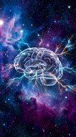 Human brain with electric neural connections floating in cosmic space nebula with stars and colorful galaxy background for science and neurology concepts.