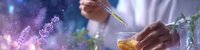 Scientist hands holding test tube and petri dish in laboratory with glowing purple bokeh effect and plant specimens for biotechnology research.
