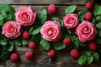 Pink roses and fresh raspberries arranged with green leaves on rustic wooden background, creating romantic food styling composition.