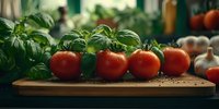 Fresh ripe tomatoes and aromatic basil leaves on wooden cutting board with scattered black pepper, natural kitchen setting with soft lighting.