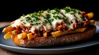 Gourmet submarine sandwich with melted mozzarella, ground meat sauce, roasted peppers and fresh herbs served on toasted artisanal bread on dark plate.