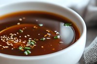 Dark brown Asian soup broth garnished with white sesame seeds and fresh chopped herbs in white ceramic bowl, close-up view with selective focus.