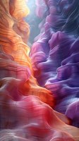 Abstract canyon walls in vibrant orange and purple colors with flowing curves and layered rock formations creating dramatic light and shadow effects.