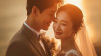 Asian bride and groom sharing intimate moment during golden hour wedding ceremony with warm sunlight creating romantic atmosphere for couples celebration.